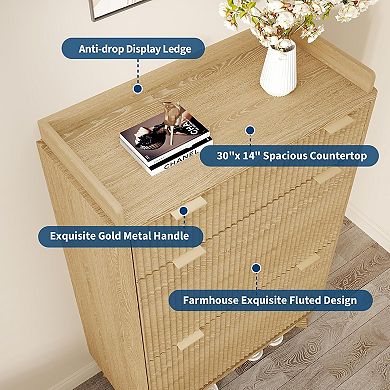48" Tall Freestanding Fluted Shoe Storage Cabinet, 2 Flip Drawer Hidden Narrow Shoe Rack Organizer