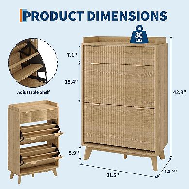 48" Tall Freestanding Fluted Shoe Storage Cabinet, 2 Flip Drawer Hidden Narrow Shoe Rack Organizer