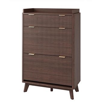 48" Tall Freestanding Fluted Shoe Storage Cabinet, 2 Flip Drawer Hidden Narrow Shoe Rack Organizer