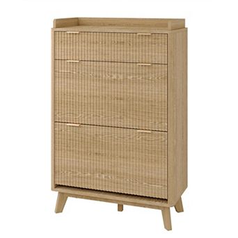 48" Tall Freestanding Fluted Shoe Storage Cabinet, 2 Flip Drawer Hidden Narrow Shoe Rack Organizer