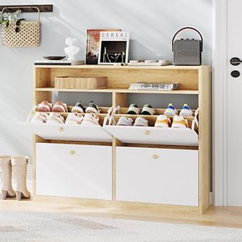 Shoe Cabinet with 4 Flip-Down Doors, Wooden Freestanding Shoe Storage Organizer, Compact Shoe Rack