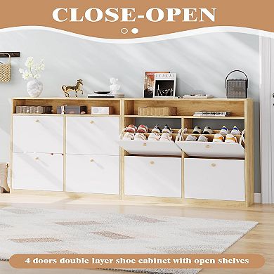 Shoe Cabinet with 4 Flip-Down Doors, Wooden Freestanding Shoe Storage Organizer, Compact Shoe Rack