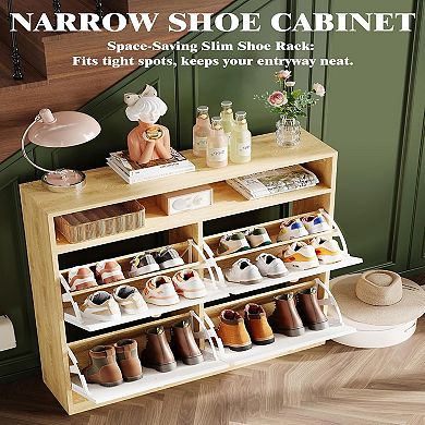 Shoe Cabinet with 4 Flip-Down Doors, Wooden Freestanding Shoe Storage Organizer, Compact Shoe Rack