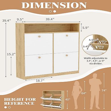 Shoe Cabinet with 4 Flip-Down Doors, Wooden Freestanding Shoe Storage Organizer, Compact Shoe Rack
