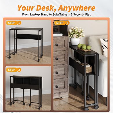 Folding Desk with Storage Shelf, 24.8 Inch Foldable Rolling Computer Desk,Collapsible Laptop Desk