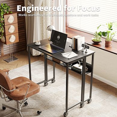 Folding Desk with Storage Shelf, 24.8 Inch Foldable Rolling Computer Desk,Collapsible Laptop Desk