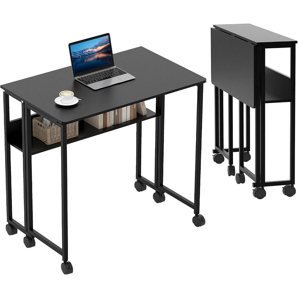 Folding Desk with Storage Shelf, 24.8 Inch Foldable Rolling Computer ...