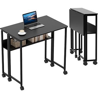 Folding Desk with Storage Shelf, 24.8 Inch Foldable Rolling Computer Desk,Collapsible Laptop Desk