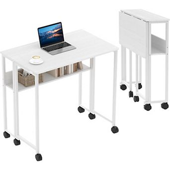 Folding Desk with Storage Shelf, 24.8 Inch Foldable Rolling Computer Desk,Collapsible Laptop Desk
