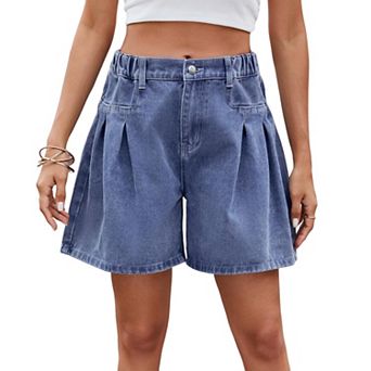 Women's High Waist Denim Shorts Pleated Wide Leg Elastic Waist Casual Summer Shorts