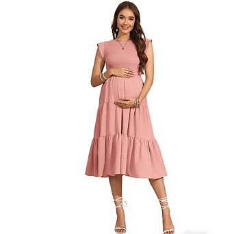Women's Maternity Flutter Sleeve Smocked Midi Dress Tiered Ruffle Casual Maternity Dress