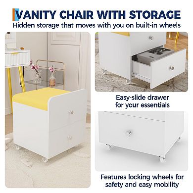 Vanity Stool Chair, Makeup Vanity Stool Side Table with Storage Drawer, Padded Seat， Storage Ottoman
