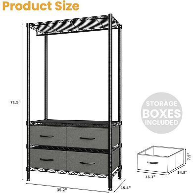35-Inch Freestanding Garment Rack with Adjustable Shelves and Four Fabric Drawers