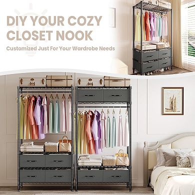 35-Inch Freestanding Garment Rack with Adjustable Shelves and Four Fabric Drawers
