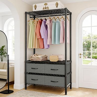 35-Inch Freestanding Garment Rack with Adjustable Shelves and Four Fabric Drawers