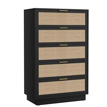 5-Drawer Rattan Bedroom Dresser - Integrated Cabinet & Leg Design, Wooden Storage Chest for Hallway