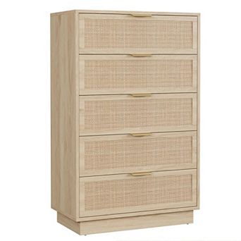 5-Drawer Rattan Bedroom Dresser - Integrated Cabinet & Leg Design, Wooden Storage Chest for Hallway