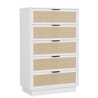 5-Drawer Rattan Bedroom Dresser - Integrated Cabinet & Leg Design, Wooden Storage Chest for Hallway