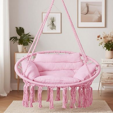 Macrame Hammock Chair with Cushions, Pink