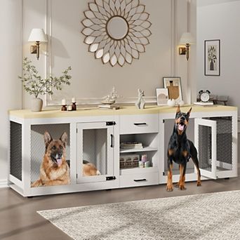 Wooden Dog Kennel, Double Dog Crate Furniture for Large Dogs, Kennel TV Stand with Feeding Station