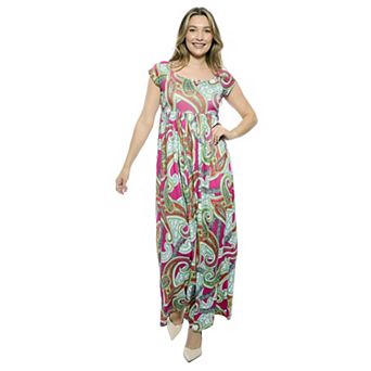 Women's 24Seven Comfort Apparel Square Neck Cap Sleeve Pleated A-Line Maxi Dress