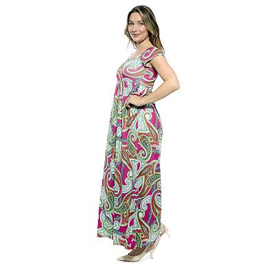 Women's 24Seven Comfort Apparel Pink Square Neck Cap Sleeve Pleated A-Line Maxi Dress