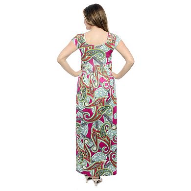Women's 24Seven Comfort Apparel Pink Square Neck Cap Sleeve Pleated A-Line Maxi Dress