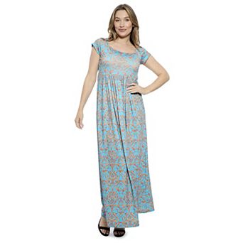 Women's 24Seven Comfort Apparel Abstract Square Neck Cap Sleeve Pleated A-Line Maxi Dress