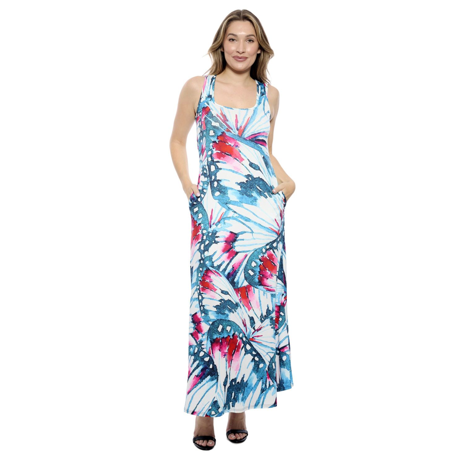 Женские платья 24Seven Comfort Apparel Butterfly Sleeveless Scoop Neck A-Line Pocket Maxi Dress
