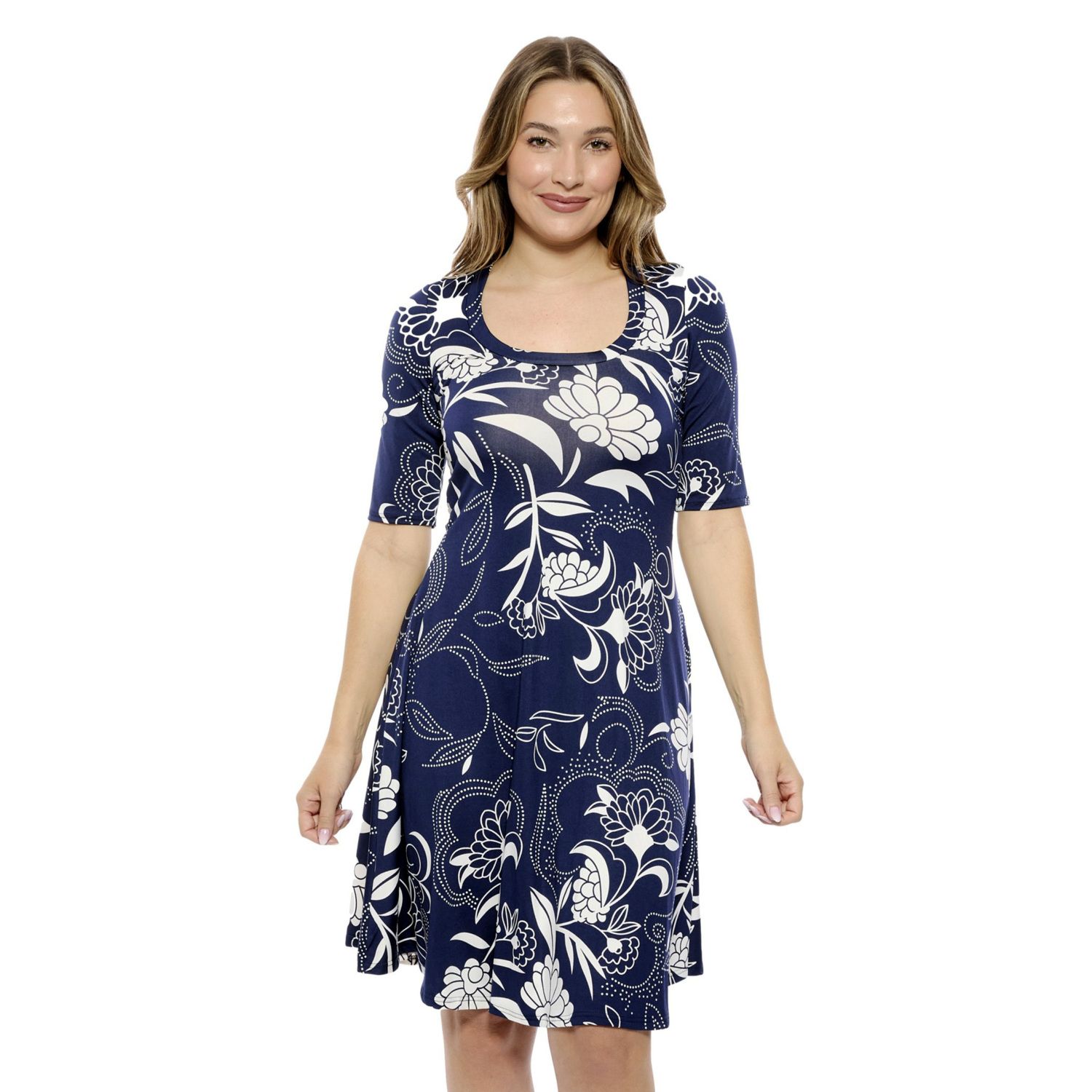 Женские платья 24Seven Comfort Apparel Floral Scoop Neck Elbow Sleeve A-Line Dress