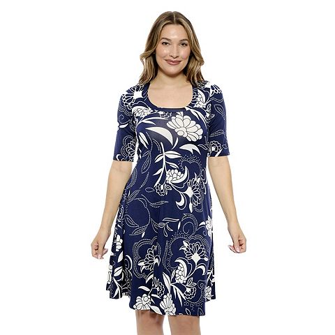 Женские платья 24Seven Women's 24Seven Comfort Apparel Floral Scoop Neck Elbow Sleeve A-Line Dress