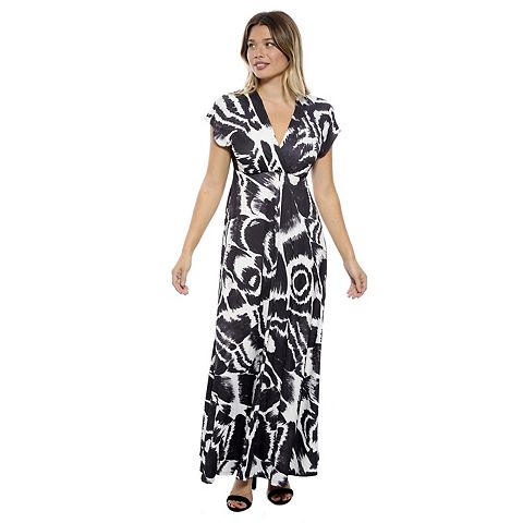 Женские платья 24Seven Women's 24Seven Comfort Apparel Abstract V-Neck Empire Waist Cap Sleeve Maxi Dress