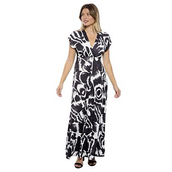 Women's 24Seven Comfort Apparel Abstract V-Neck Empire Waist Cap Sleeve Maxi Dress