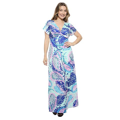 Женские платья 24Seven Women's 24Seven Comfort Apparel Blue V-Neck Empire Waist Cap Sleeve Maxi Dress