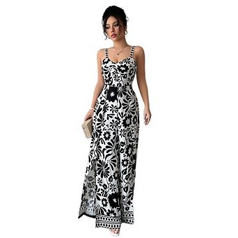 Womens Sleeveless Boho Jumpsuit Eyelet Floral Wide Leg Side Slit Flowy Summer Beach Vacation Clothes