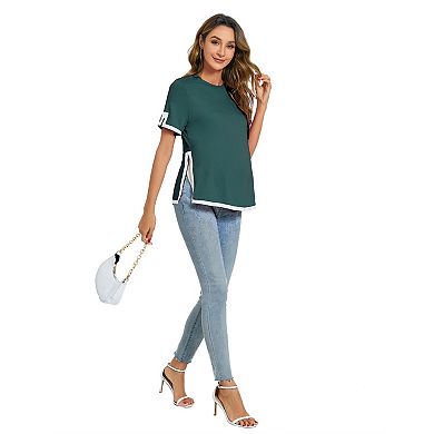Women Maternity Short Sleeve Color Block Split Side Shirt