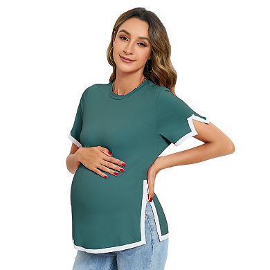 Women Maternity Short Sleeve Color Block Split Side Shirt