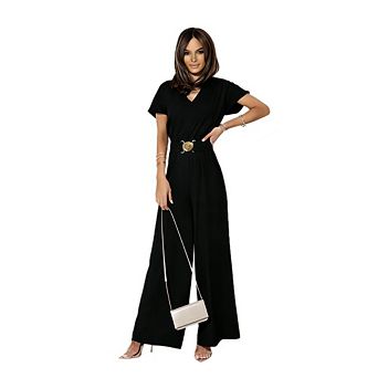 Womens Jumpsuit V Neck Short Sleeve Waist Belt Wide Leg Casual Work Office One-Piece Summer Outfit