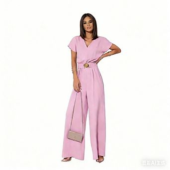 Womens Jumpsuit V Neck Short Sleeve Waist Belt Wide Leg Casual Work Office One-Piece Summer Outfit