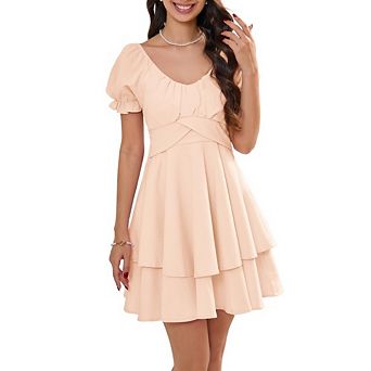 Womens V Neck Dress Puff Sleeve Layer Ruffle Hem Back Bow Tie Flowy A-Line Cute Mini Dress for Date