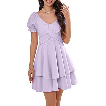 Womens V Neck Dress Puff Sleeve Layer Ruffle Hem Back Bow Tie Flowy A-Line Cute Mini Dress for Date