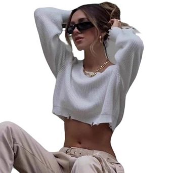 Women's Casual Ribbed Crop Sweater Off-the-Shoulder Distressed Hem Top