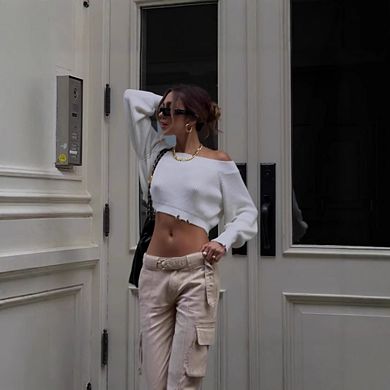 Women's Casual Ribbed Crop Sweater Off-the-Shoulder Distressed Hem Top