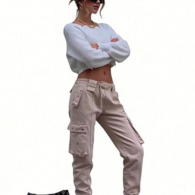 Women's Casual Ribbed Crop Sweater Off-the-Shoulder Distressed Hem Top