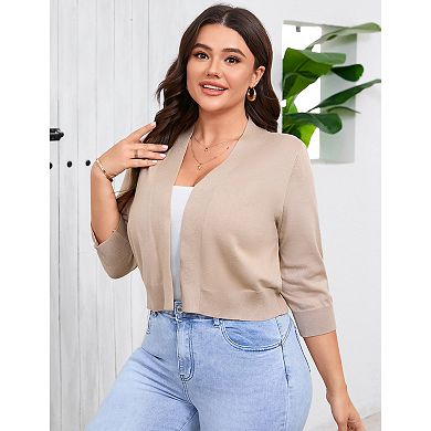 Plus Size Women 3/4 Sleeve Cropped Cardigan Sweater