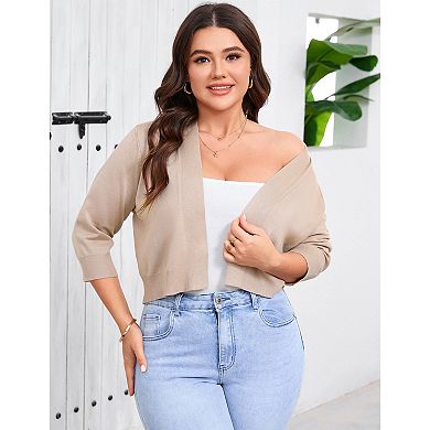 Plus Size Women 3/4 Sleeve Cropped Cardigan Sweater