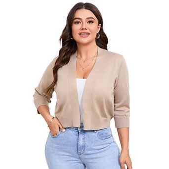 Plus Size Women 3/4 Sleeve Cropped Cardigan Sweater