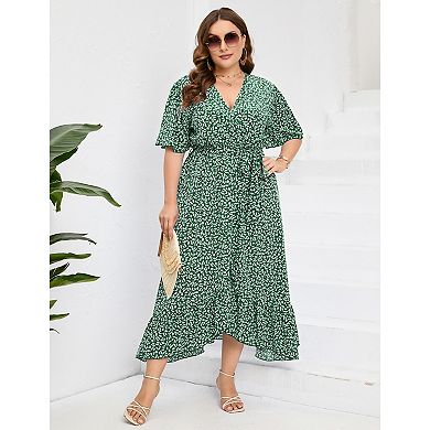 Plus Size Women's V-neck Waist Strap Ruffle Edge Irregular Hem Printed Dress
