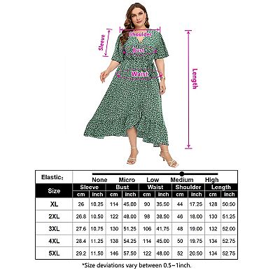 Plus Size Women's V-neck Waist Strap Ruffle Edge Irregular Hem Printed Dress