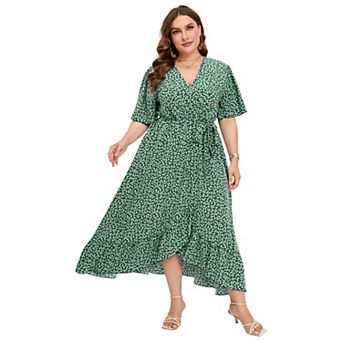 Plus Size Women's V-neck Waist Strap Ruffle Edge Irregular Hem Printed Dress